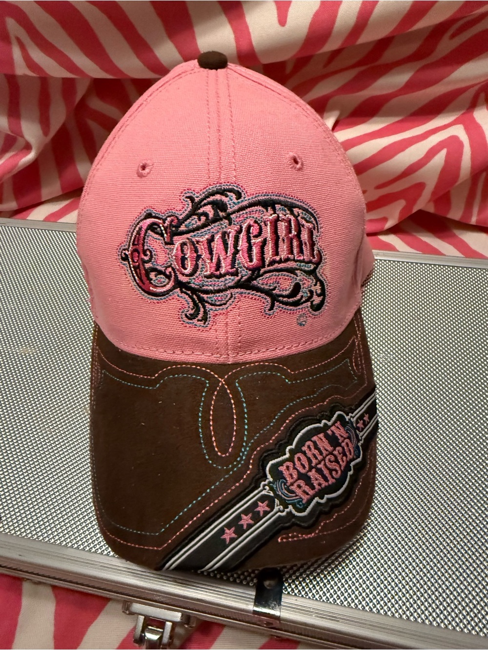 Source Unknown Pink and Brown Cowgirl Cap with 'Cowgirl' Embroidery